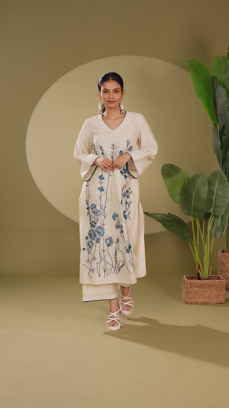Cream PolySilk Embroidered A Line Kurta Pant Co ord Set