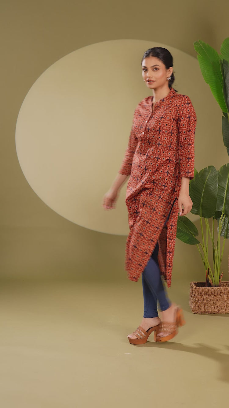 Maroon Jaipuri Cotton Printed Straight Kurta