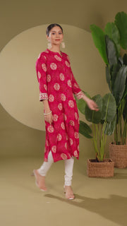Bright Pink Cotton Printed Straight Kurta