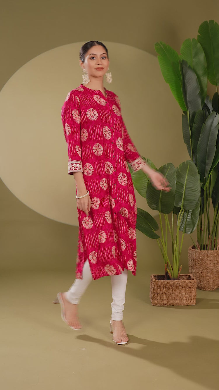 Bright Pink Cotton Printed Straight Kurta