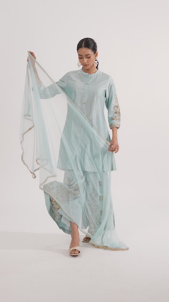 Sky Blue PolySilk Embroidered Straight Kurta Palazzo and Dupatta Suit Set