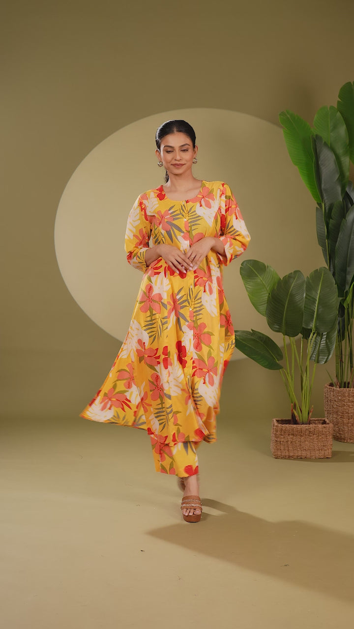 Yellow Jaipuri Cotton Printed A Line Kurta Pant Co ord Set