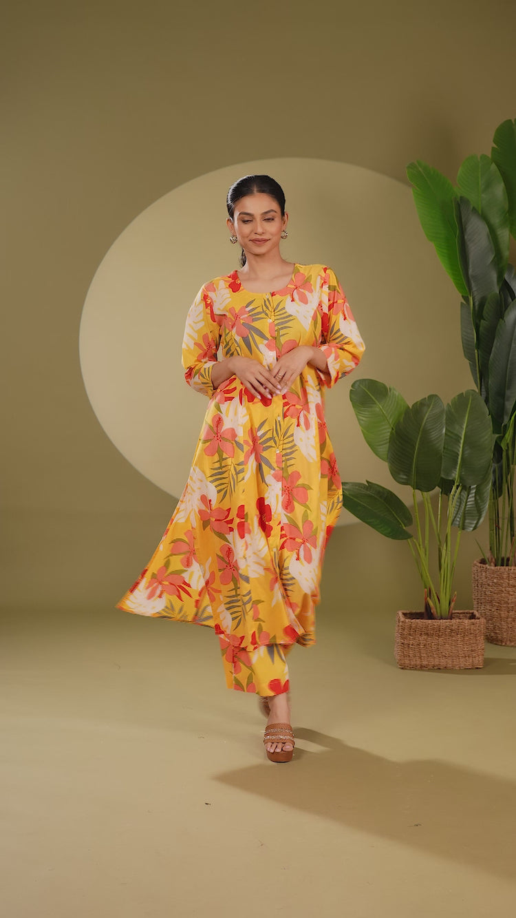 Yellow Jaipuri Cotton Printed A Line Kurta Pant Co ord Set