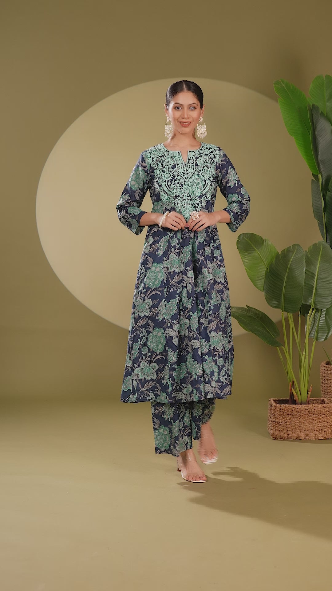 Navy Blue Cotton Embroidered Straight Kurta Pant Co ord Set