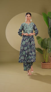 Navy Blue Cotton Embroidered Straight Kurta Pant Co ord Set