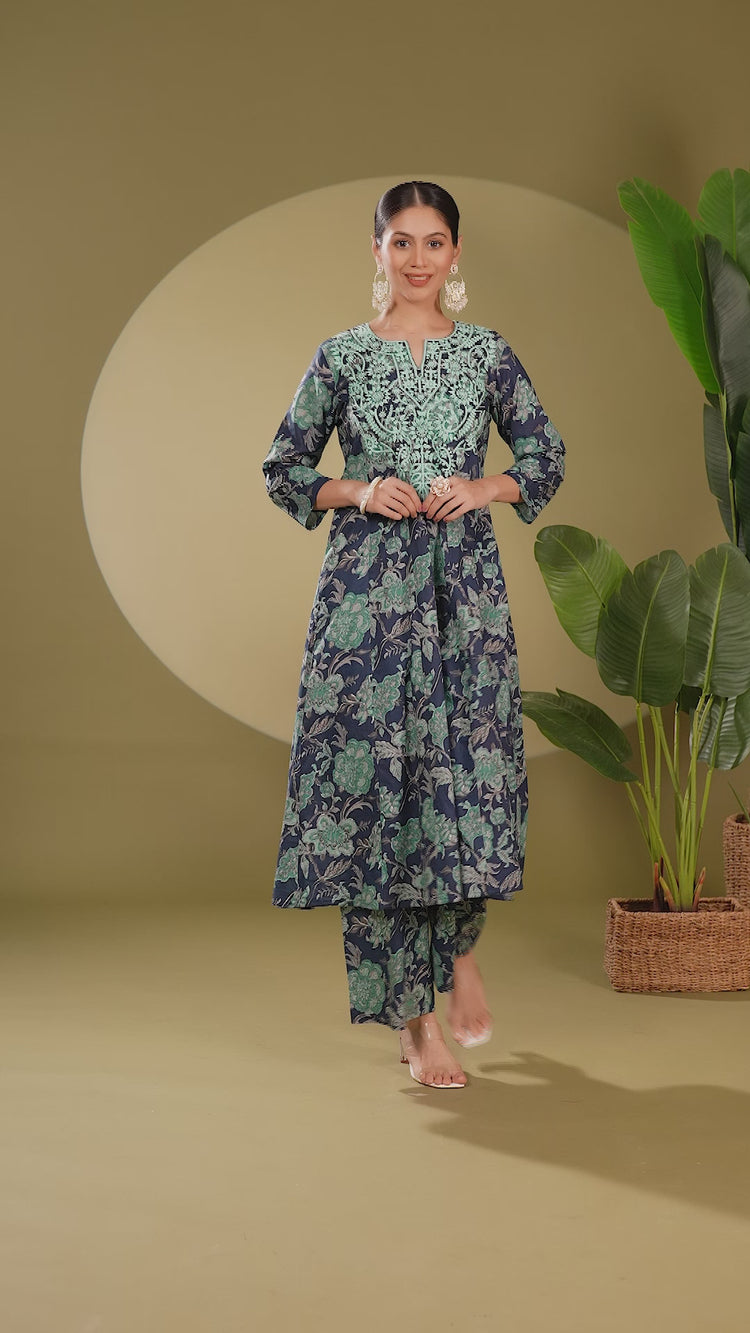 Navy Blue Cotton Embroidered Straight Kurta Pant Co ord Set