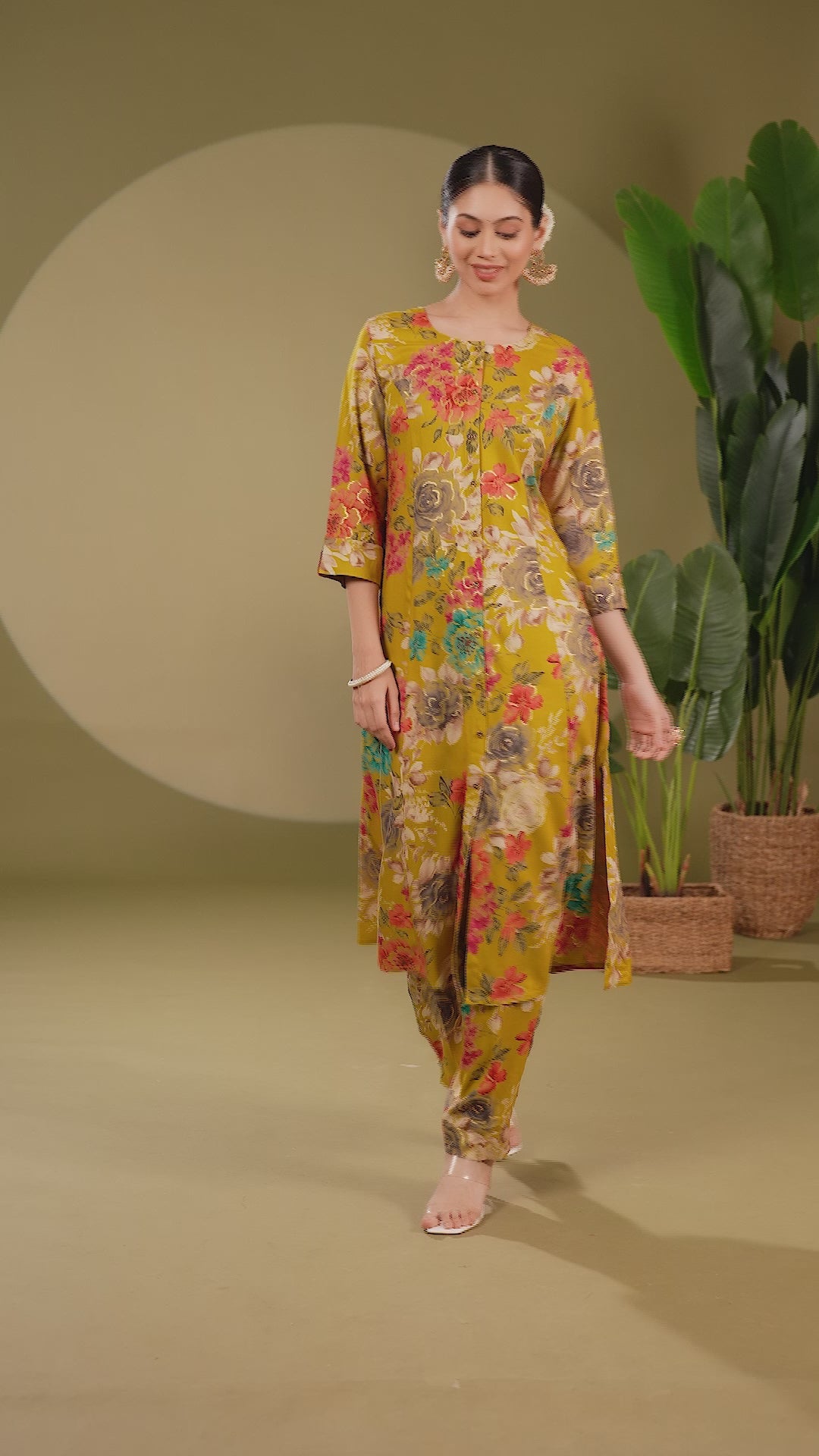 Mustard Rayon Printed A Line Kurta Pant Co ord Set