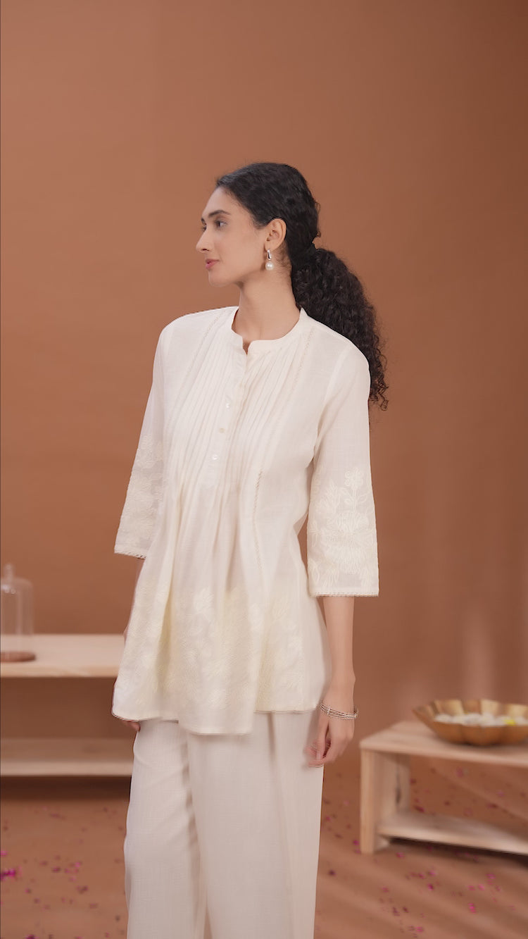 Off White Floral Embroidered A-Line Cotton Co-ord Set