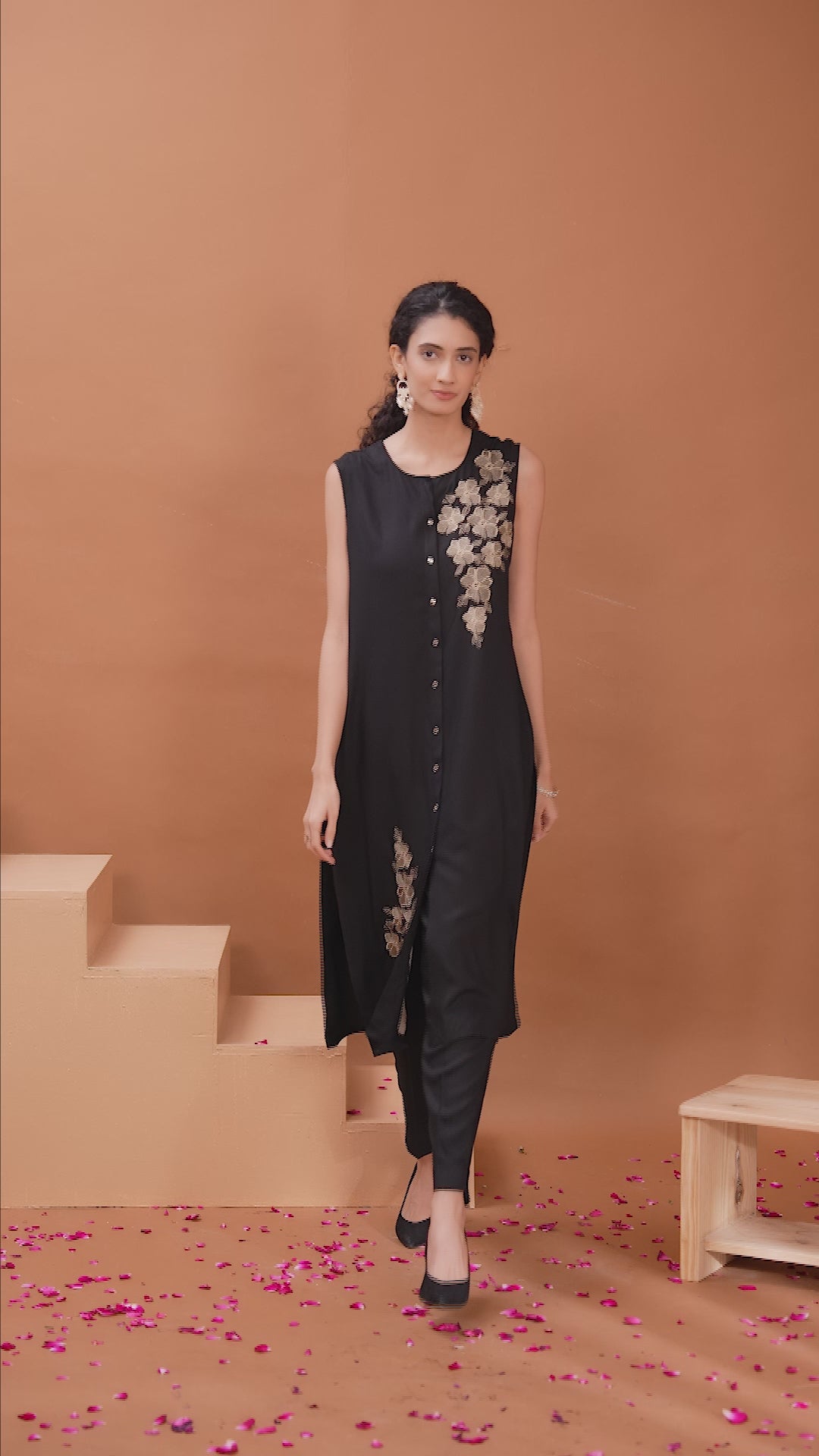 Black Embroidered Straight Co Ord Set