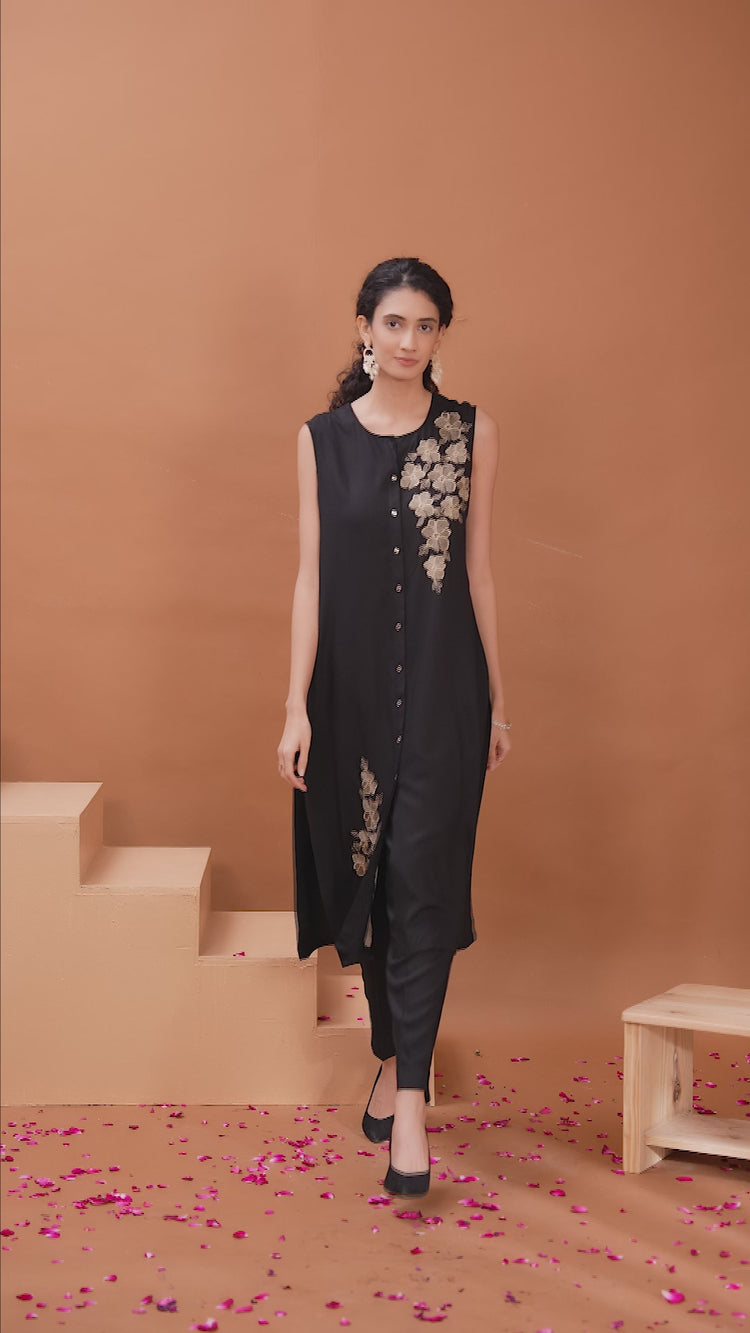 Black Embroidered Straight Co ord Set