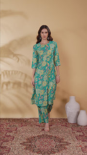 Sea Green Viscose Printed Straight Kurta Pant Co ord Set