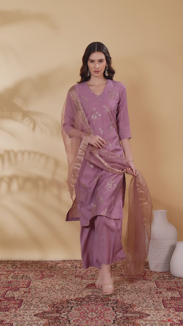 Light Purple Roman Silk Embroidered Straight Kurta Pant and Dupatta Suit Set
