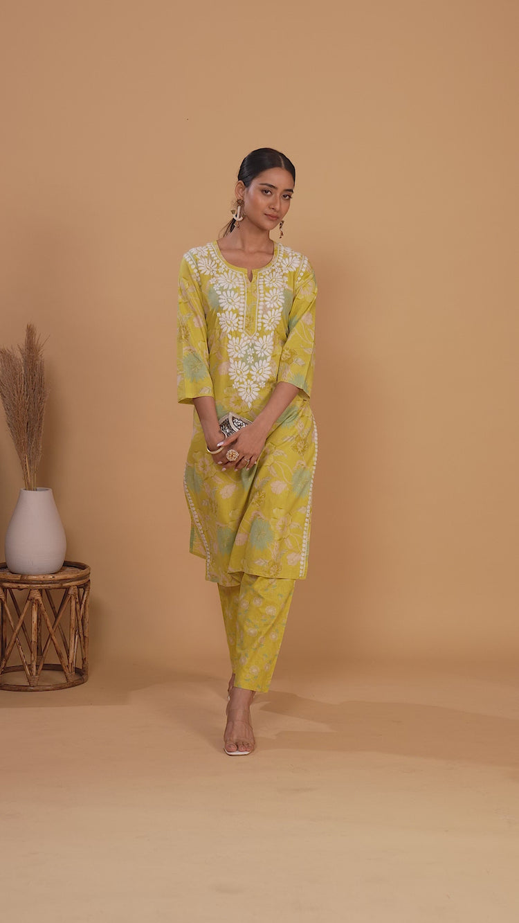 Lime Green Embroidered Cotton Straight Ethnic Set