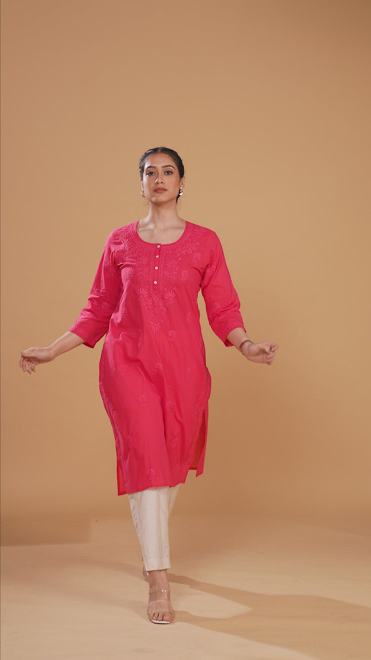 Pink Embroidered Cotton Straight Kurta