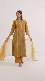 Dark Mustard Roman Silk Embroidered A Line Kurta Pant Dupatta Set