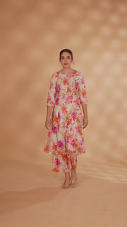 Off White & Pink Cotton Floral Printed A Line Kurta Pant Co ord Set for women