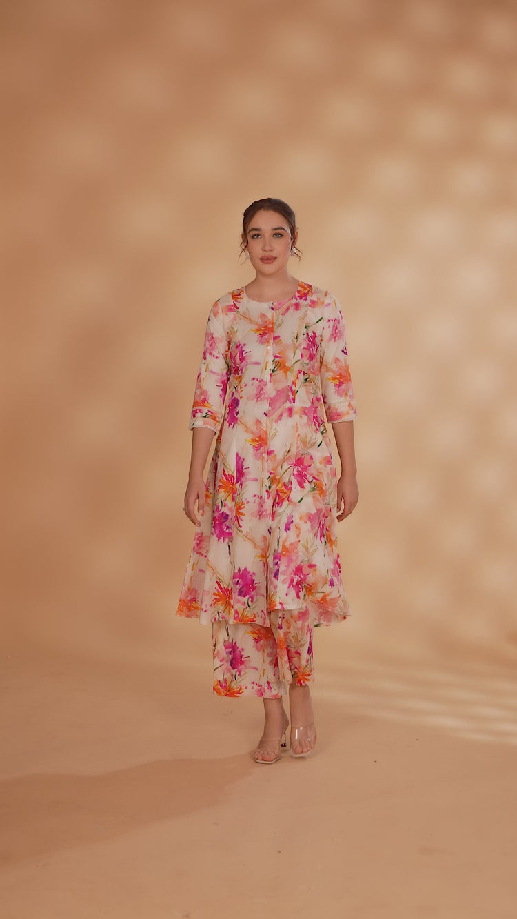Off White & Pink Cotton Floral Printed A Line Kurta Pant Co ord Set for women