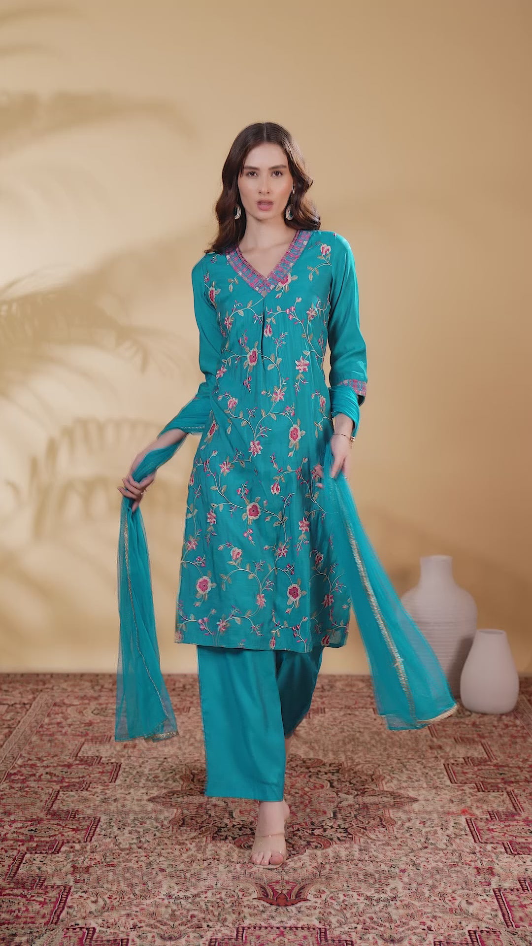 Sky Blue Chanderi Embroidered Straight Kurta Pant and Dupatta Suit Set