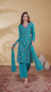 Sky Blue Chanderi Embroidered Straight Kurta Pant and Dupatta Suit Set