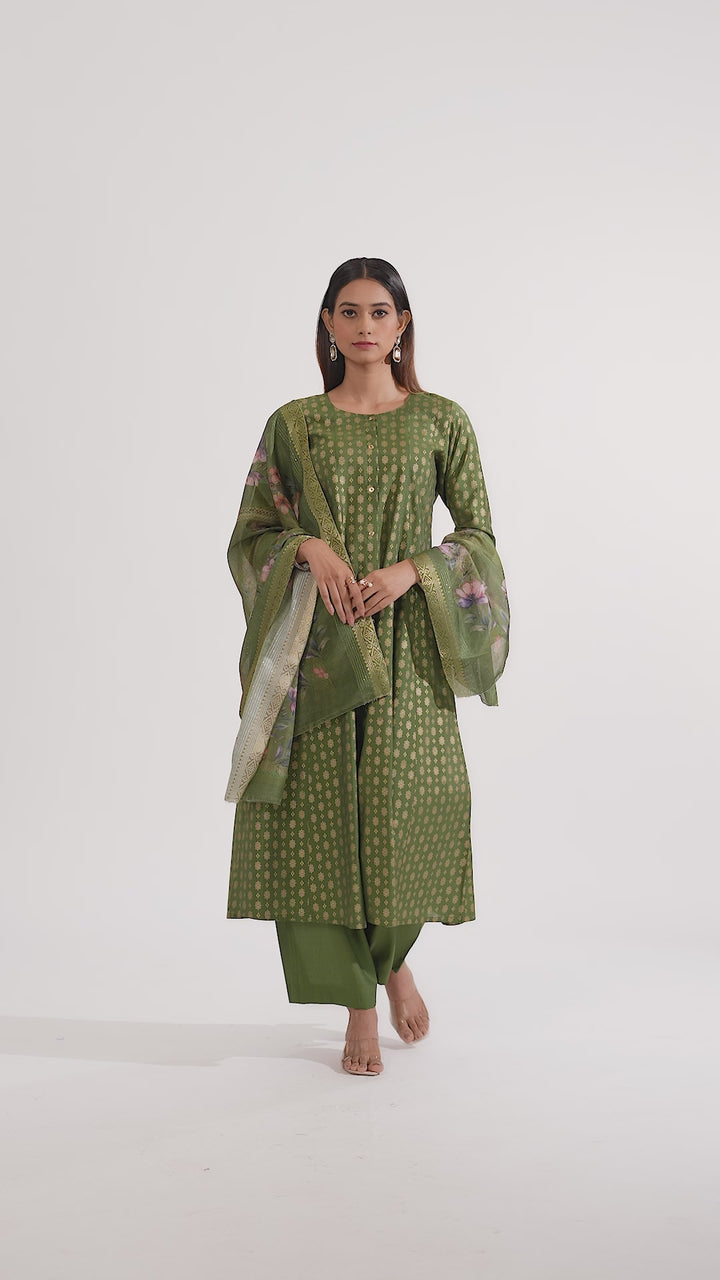 Green Roman Silk Embroidered A Line Kurta Pant and Dupatta Suit Set