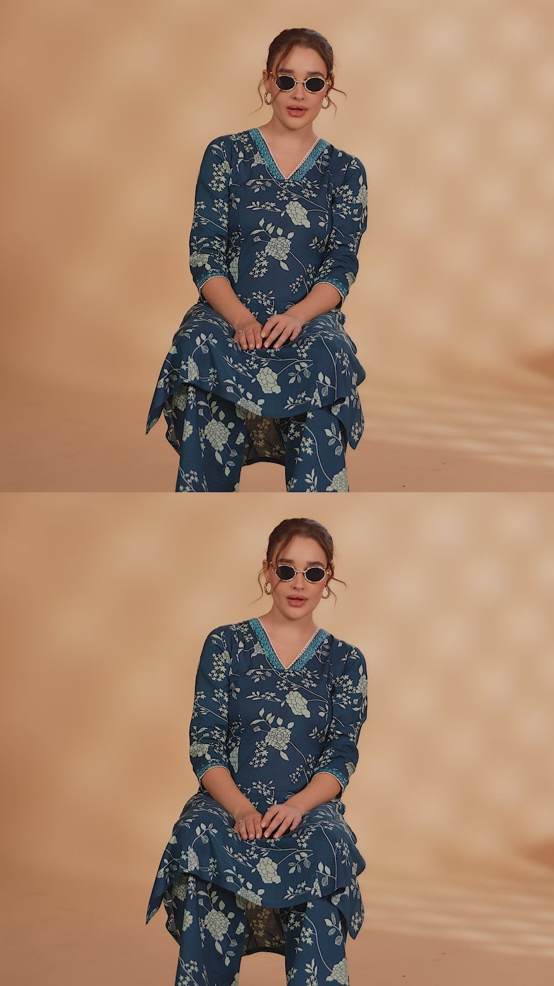 Indigo Blue Flex Cotton Floral Printed A Line Kurta Pant Co Ord Set for women