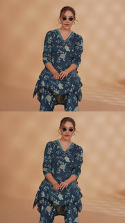 Indigo Blue Flex Cotton Floral Printed A Line Kurta Pant Co Ord Set for women