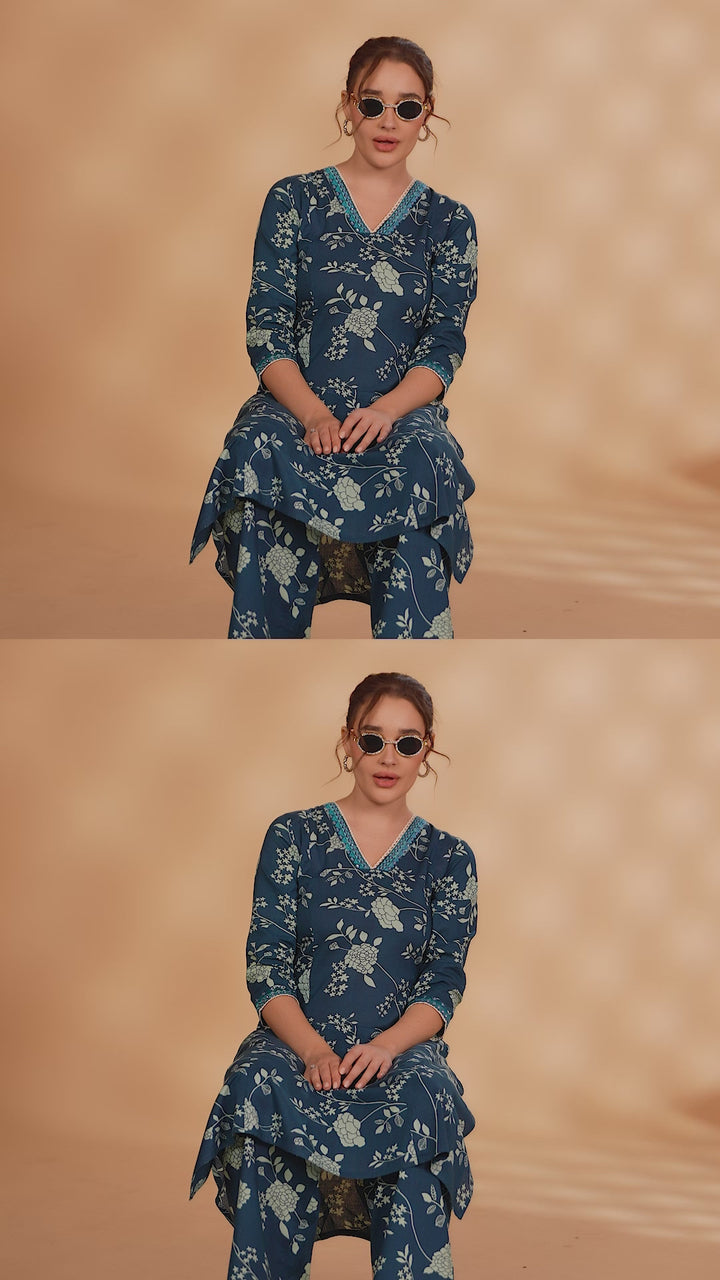 Indigo Blue Flex Cotton Floral Printed A Line Kurta Pant Co Ord Set for women