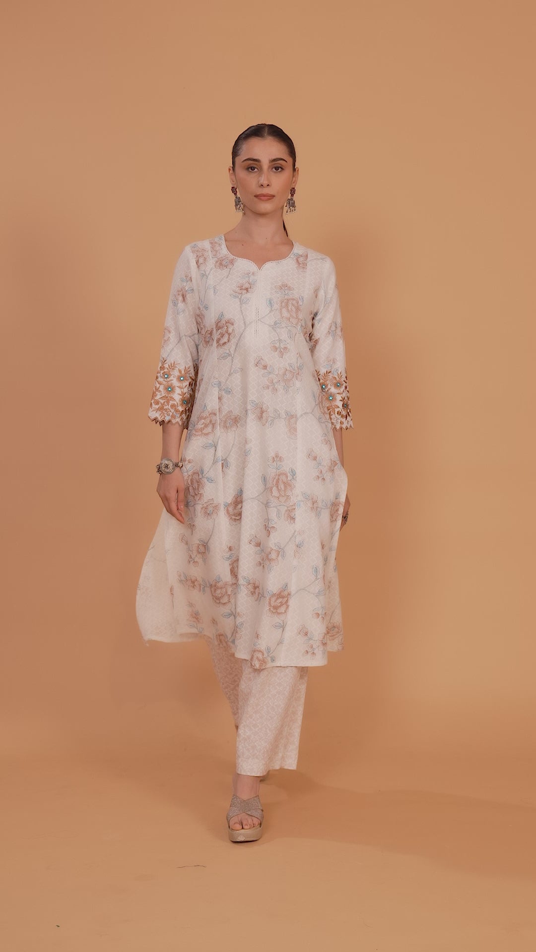 Off White & Beige Cotton Flex Embroidered Straight Kurta Pant Co ord Set