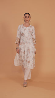 Off White & Beige Cotton Flex Embroidered Straight Kurta Pant Co ord Set