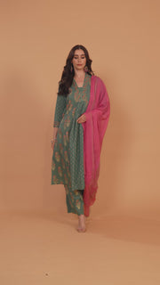 Teal Embroidered Jaipuri Cotton A Line Kurta Pant and Dupatta Suit Set