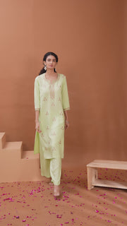 Pastel Green Embroidered Straight Cotton Co-ord Set