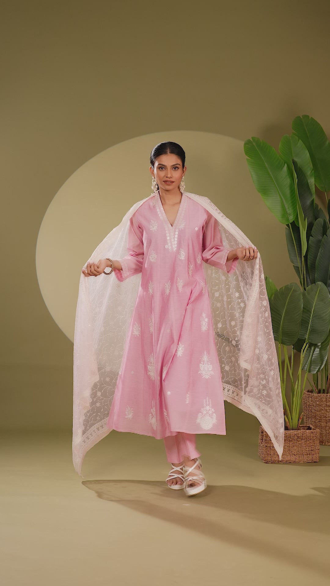 Light Pink Chanderi Embroidered A Line Kurta Pant and Dupatta Suit Set