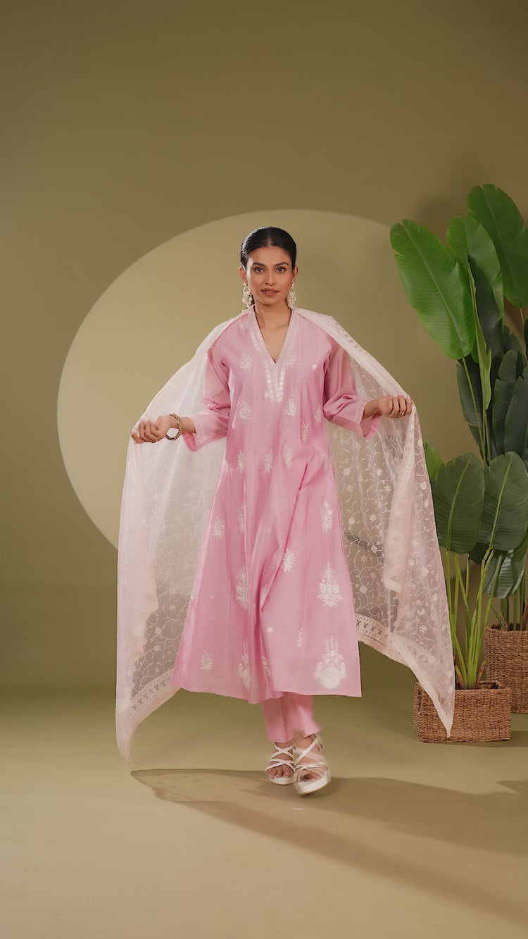 Light Pink Chanderi Embroidered A Line Kurta Pant and Dupatta Suit Set