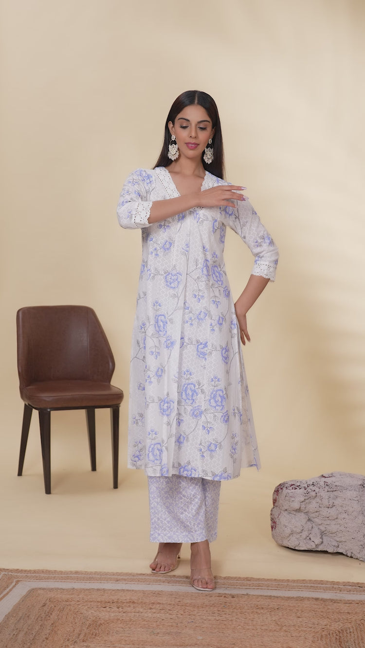 Off White & Sky Blue Printed Cotton Straight Kurta Pant Co ord Set  for women