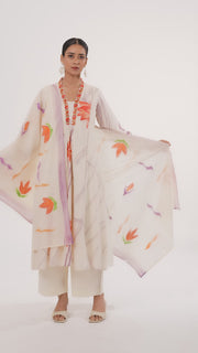 Cream PolySilk Floral A Line Kurta Pant and Dupatta Suit Set