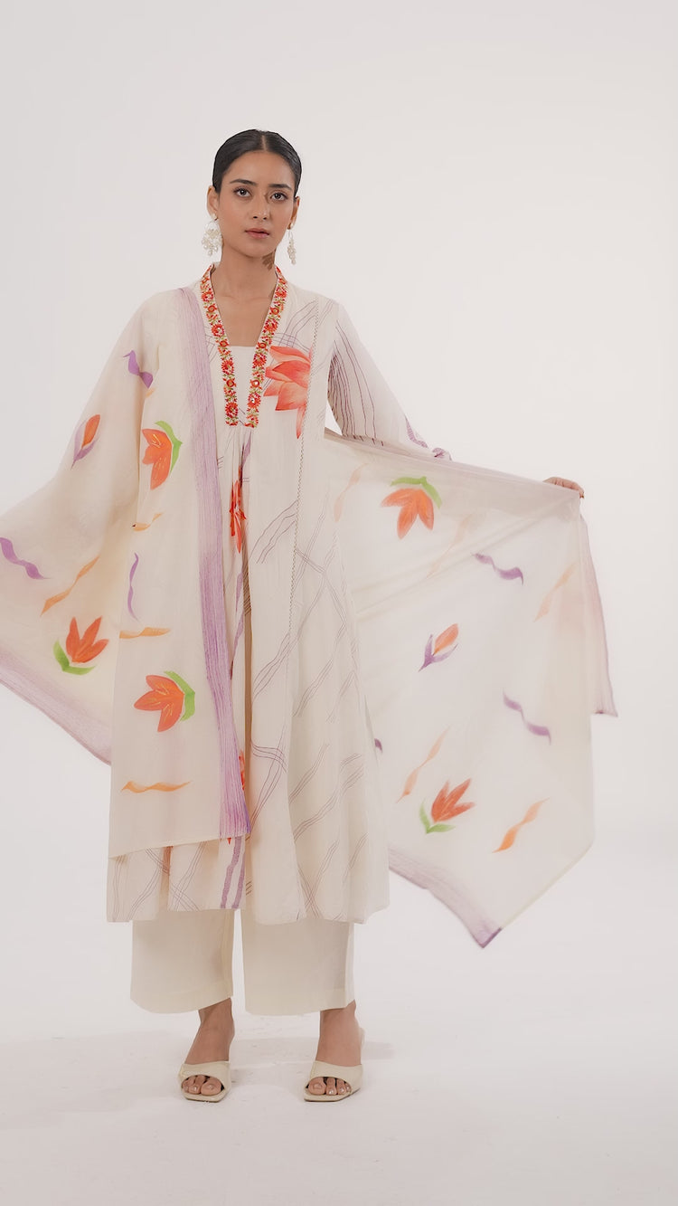 Cream PolySilk Floral A Line Kurta Pant and Dupatta Suit Set