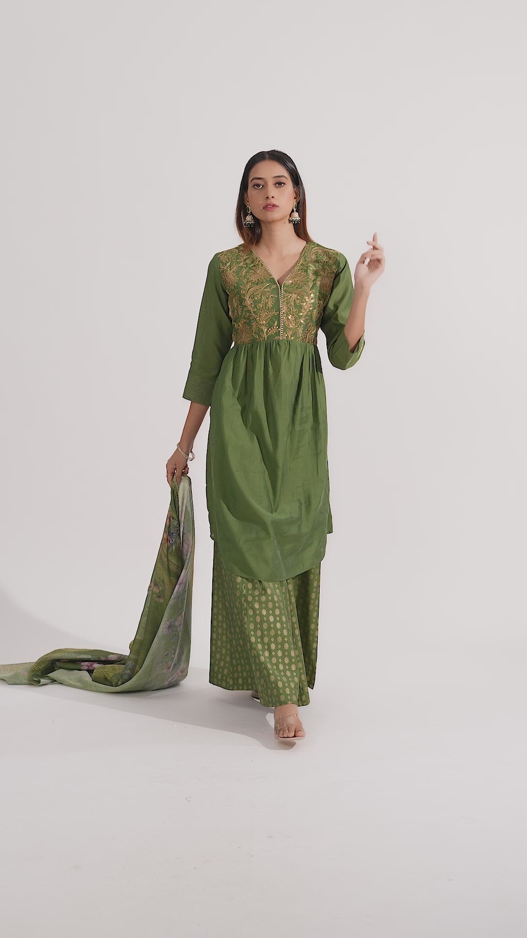 Light Green Roman Silk Embroidered Gathered Kurta Pant and Dupatta Suit Set