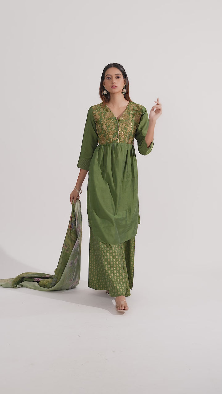 Light Green Roman Silk Embroidered Gathered Kurta Pant and Dupatta Suit Set