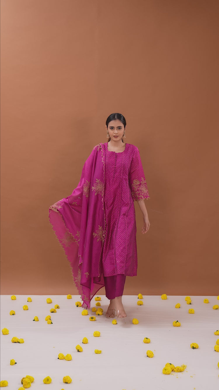 Wine Embroidered A-Line Ethnic Set