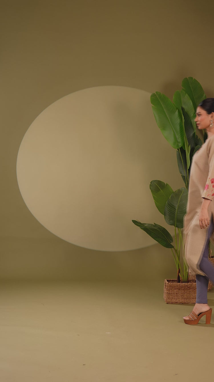 Beige Handloom Cotton Embroidered Straight Kurta