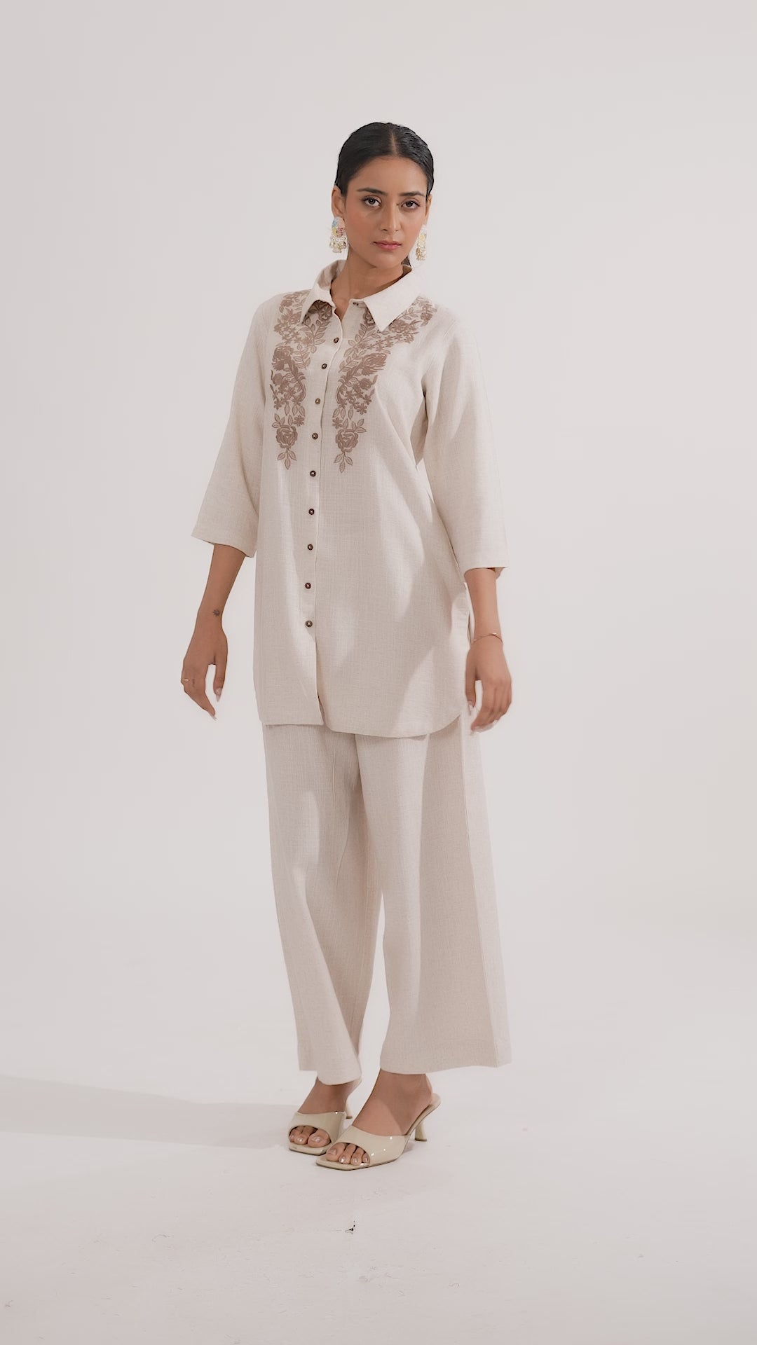 Off White Cotton Embroidered Kurta Pant Co ord Set