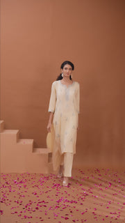 Cream Embroidered Straight Cotton Co-ord Set