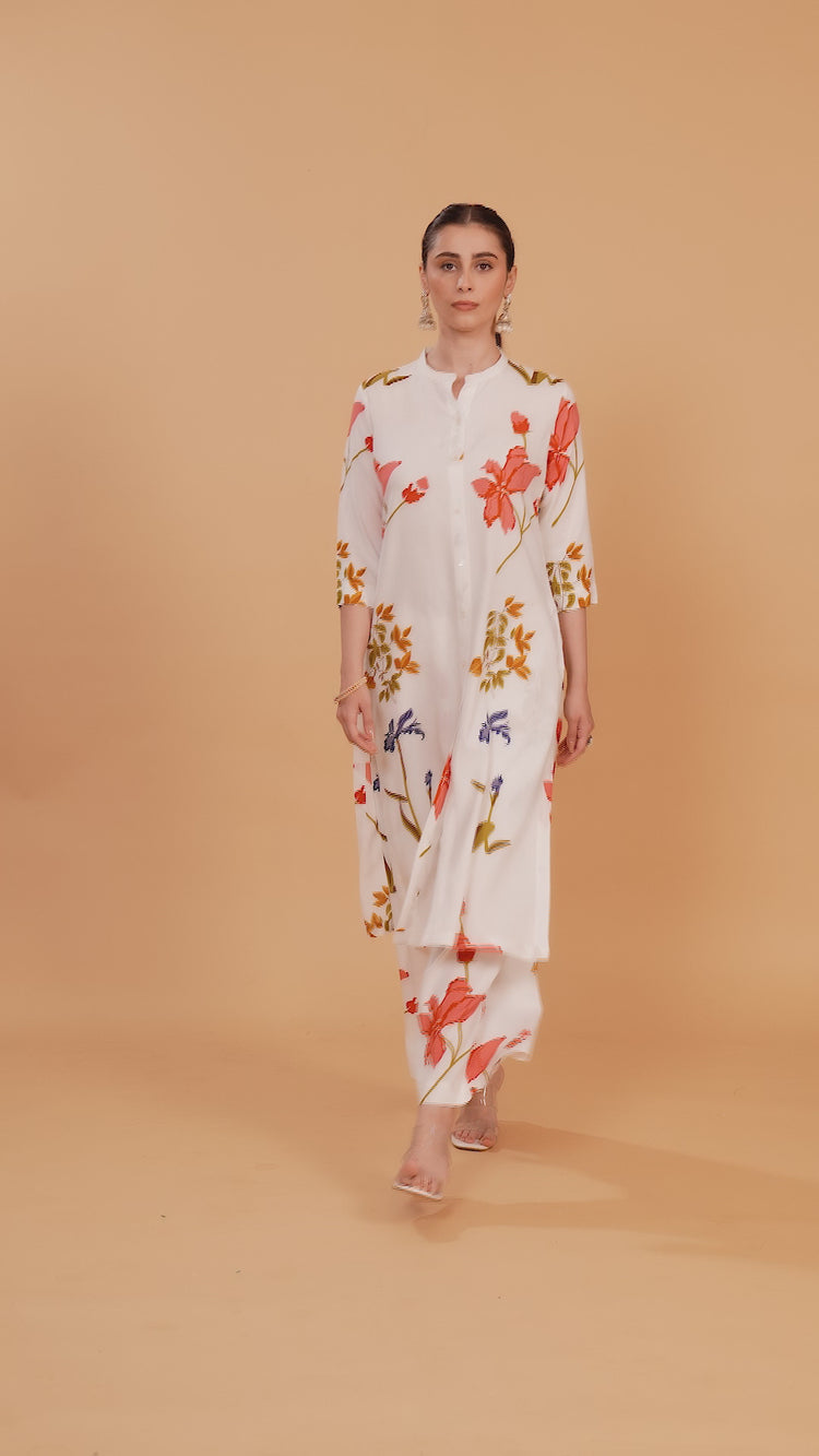 White Rayon A Line Printed Kurta Pant Co ord Set