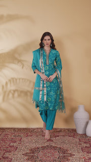 Teal Viscose Straight Embroidered Kurta Pant and Dupatta Suit Set