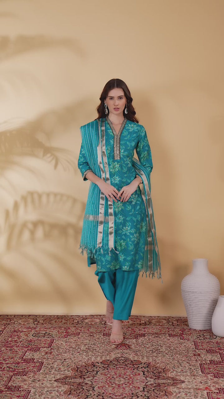 Teal Viscose Straight Embroidered Kurta Pant and Dupatta Suit Set