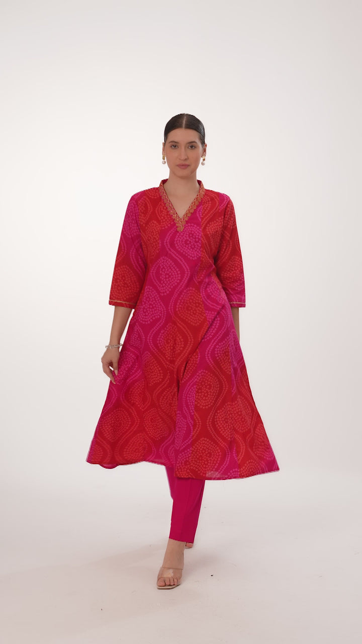 Pink Bandhani Printed A Line Kurta