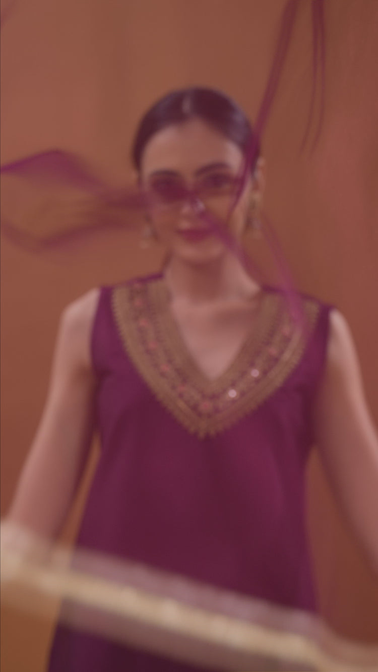 Wine Embroidered Straight Ethnic Set