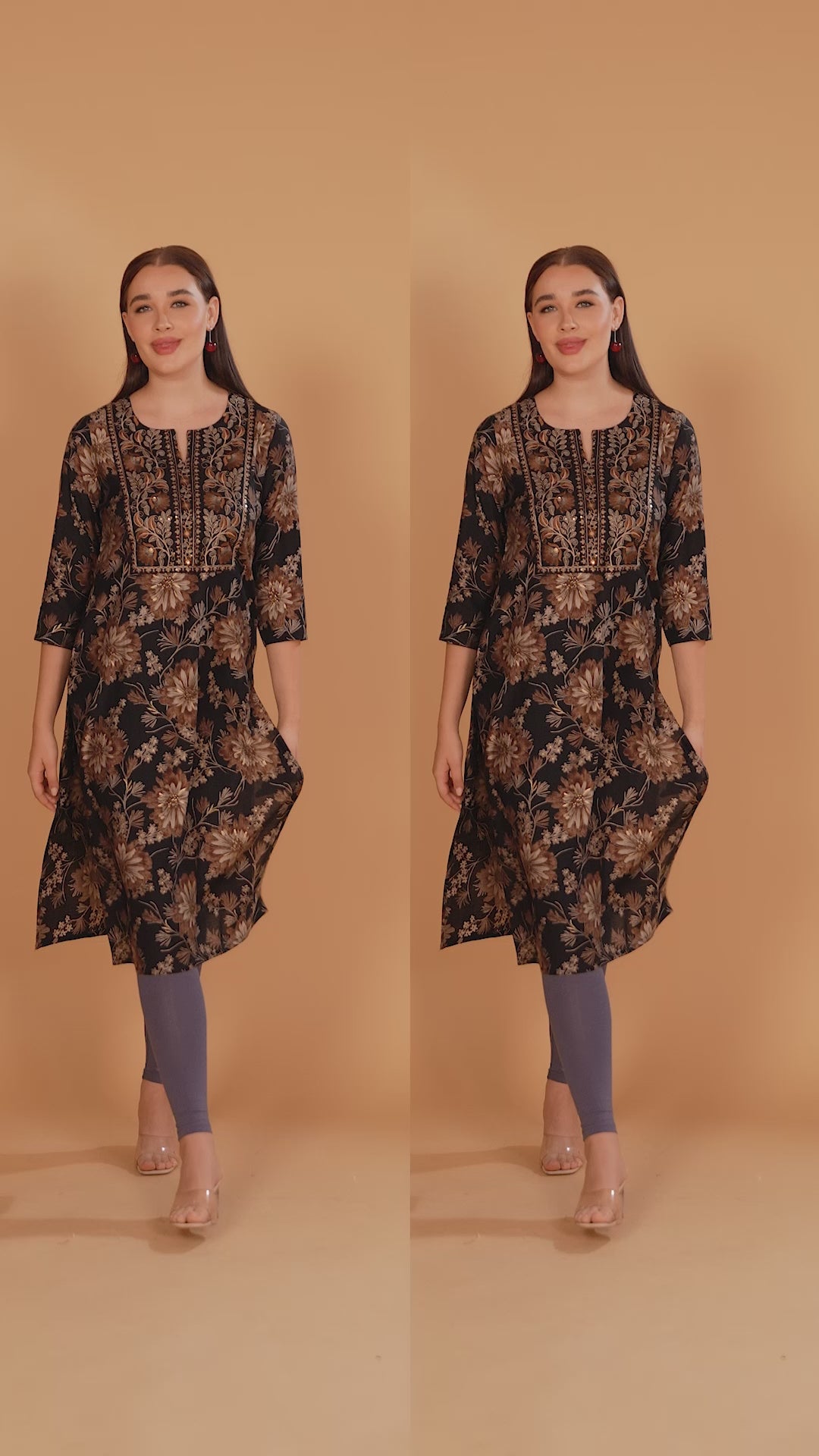Black & Beige Embroidered Slub Cotton Straight Kurta for women