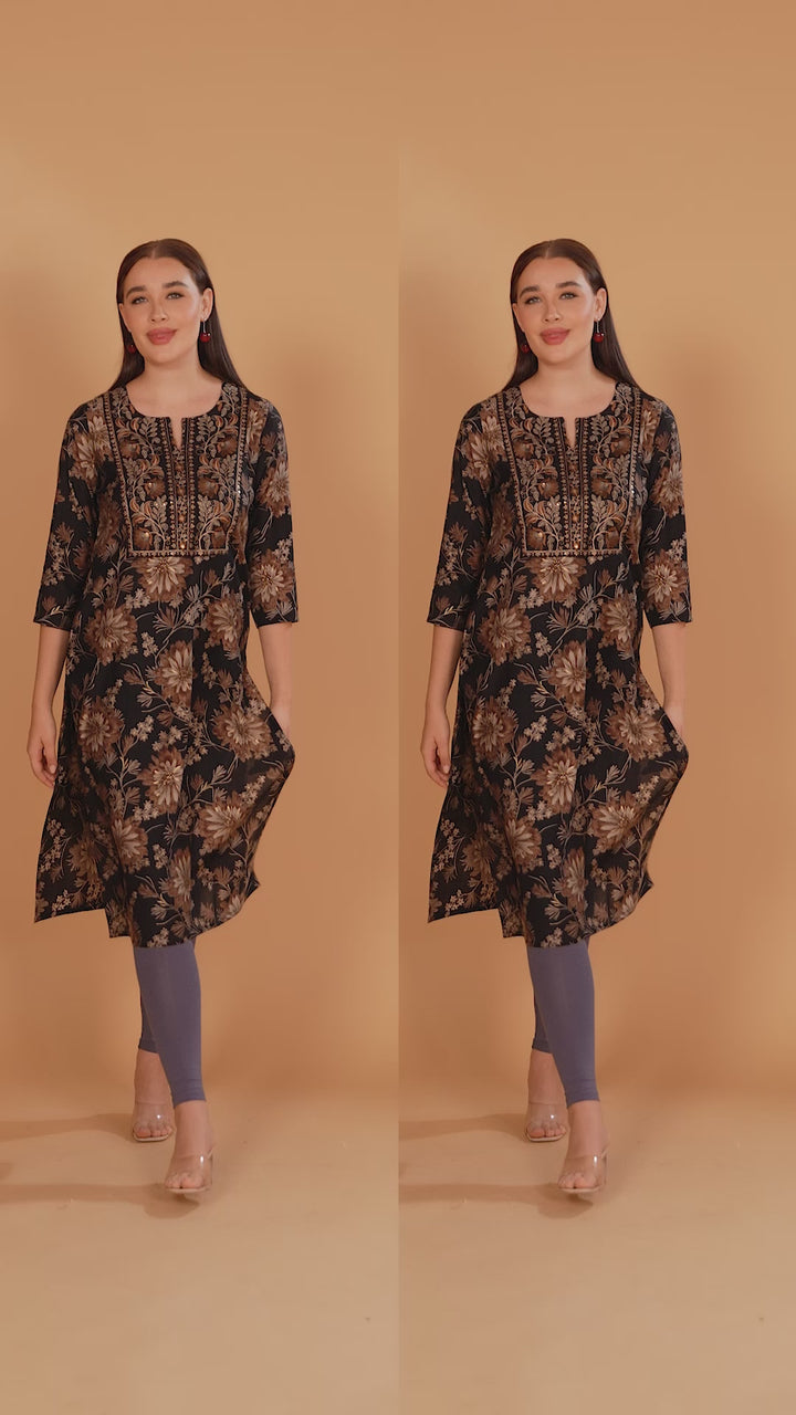 Black & Beige Embroidered Slub Cotton Straight Kurta for women