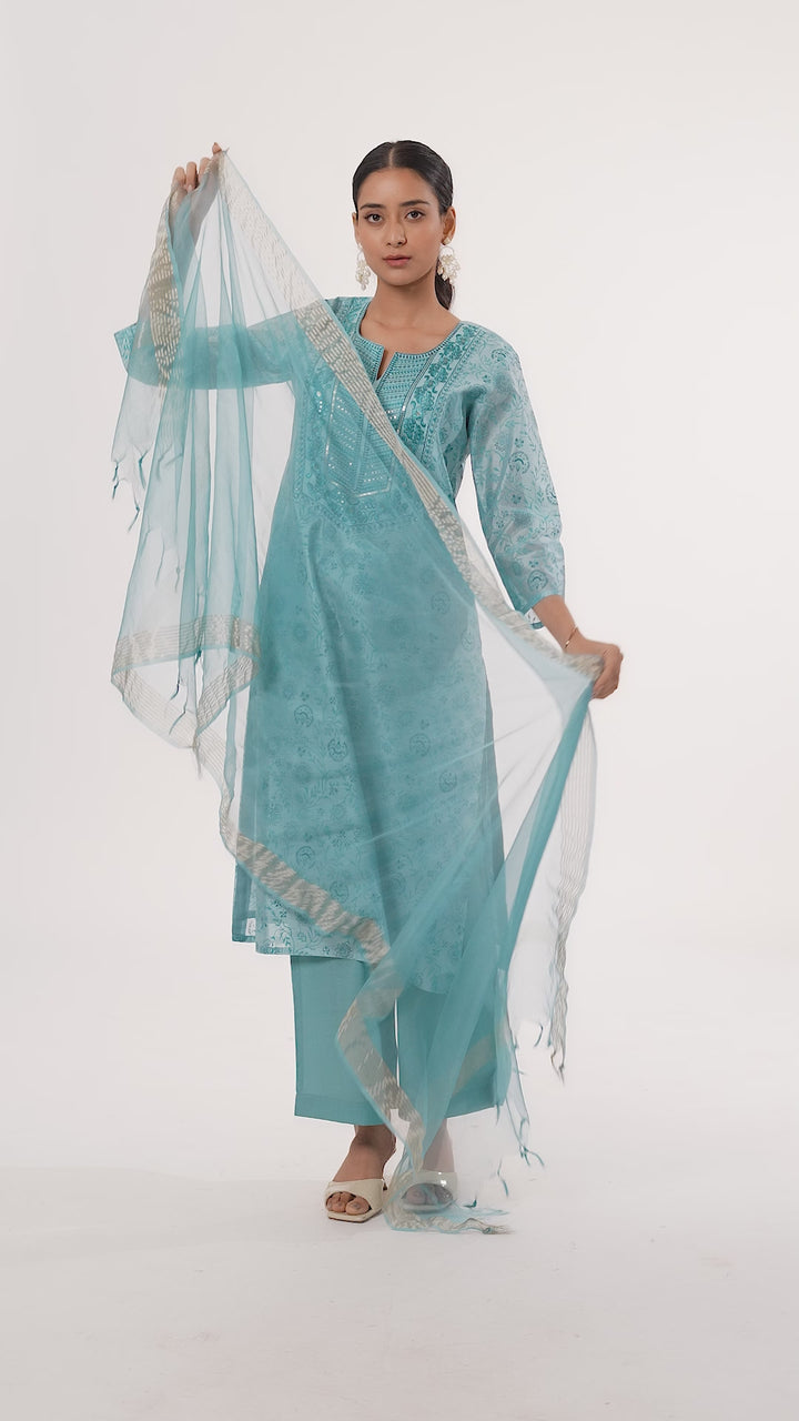 Sky Blue Chanderi Embroidered Straight Kurta Pant and Dupatta Suit Set